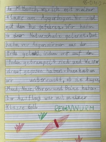 Kindertext und Kinderzeichnung vom Ausflug.